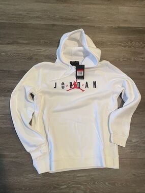 Jordan White Pullover Hoodie with Red Jumpman and Black Lettering